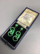 A pair of yellow metal and jade triple loop set drop ear clips,51mm, gross 8.7 grams.