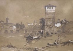 Attributed to James Duffield Harding, pencil heightened with wash, Continental riverside town, 23 x