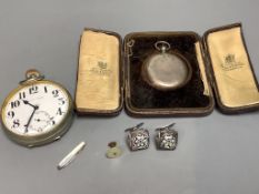 Two pocket watches including cased white metal, a pair of white metal and glass cufflinks and two