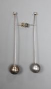 A pair of white metal, cultured Tahitian pearl and diamond set bar earrings,overall length 83mm,
