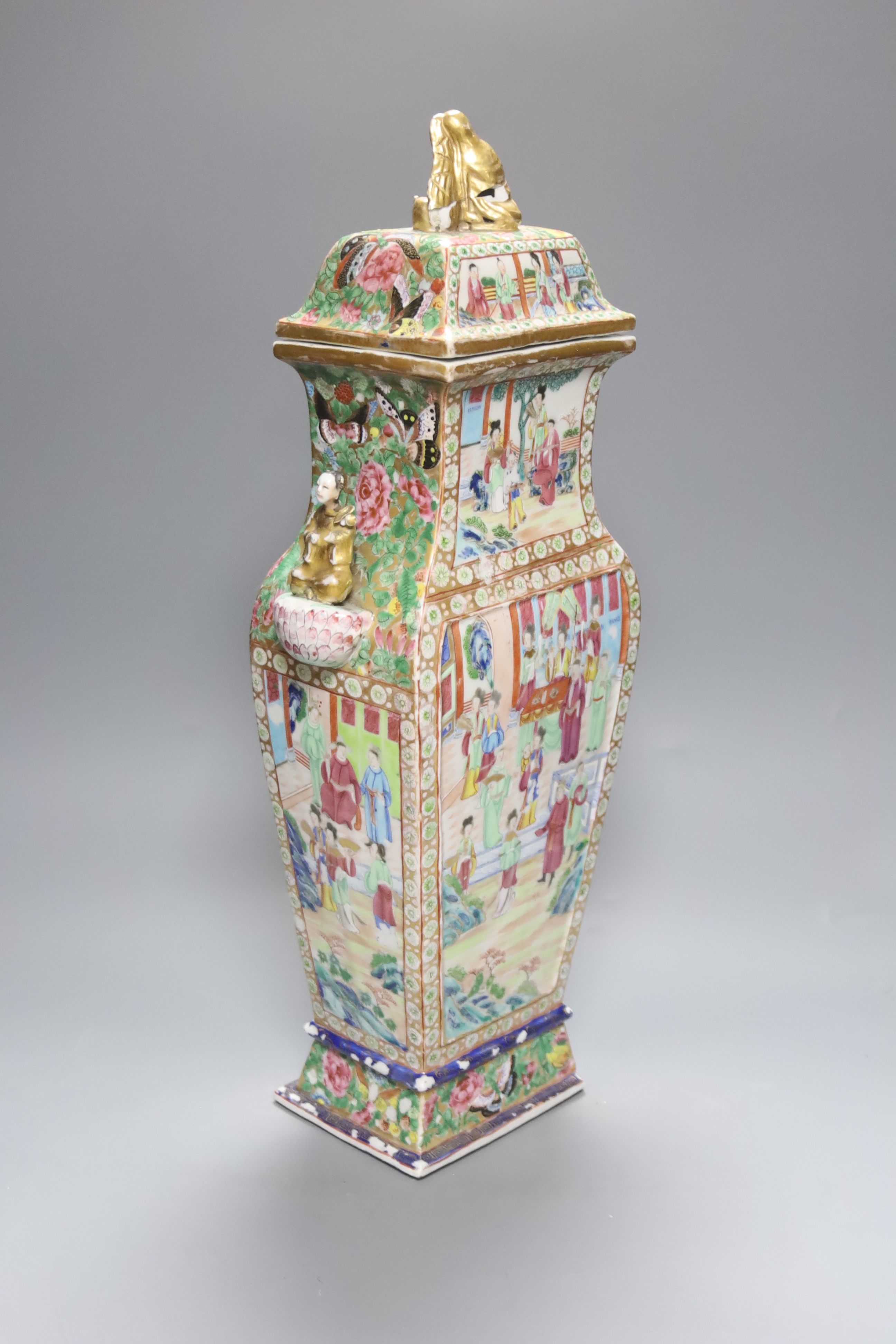 A large Chinese famille rose Canton decorated vase and cover, Daoguang period, height 53cm (a.f) - Image 2 of 5