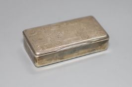 A 19th century continental white metal rectangular snuff box (a.f.),with tired engraved decoration,