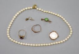 A single row cultured pearl necklace with 9ct gold pearl-set flowerhead clasp and five other items,