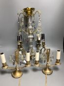 A French boudoir four-light chandelier with clear and amethyst glass pendant drops and a similar