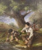 English School c.1880, oil on canvas, Boys beside a stream, 34 x 29cm