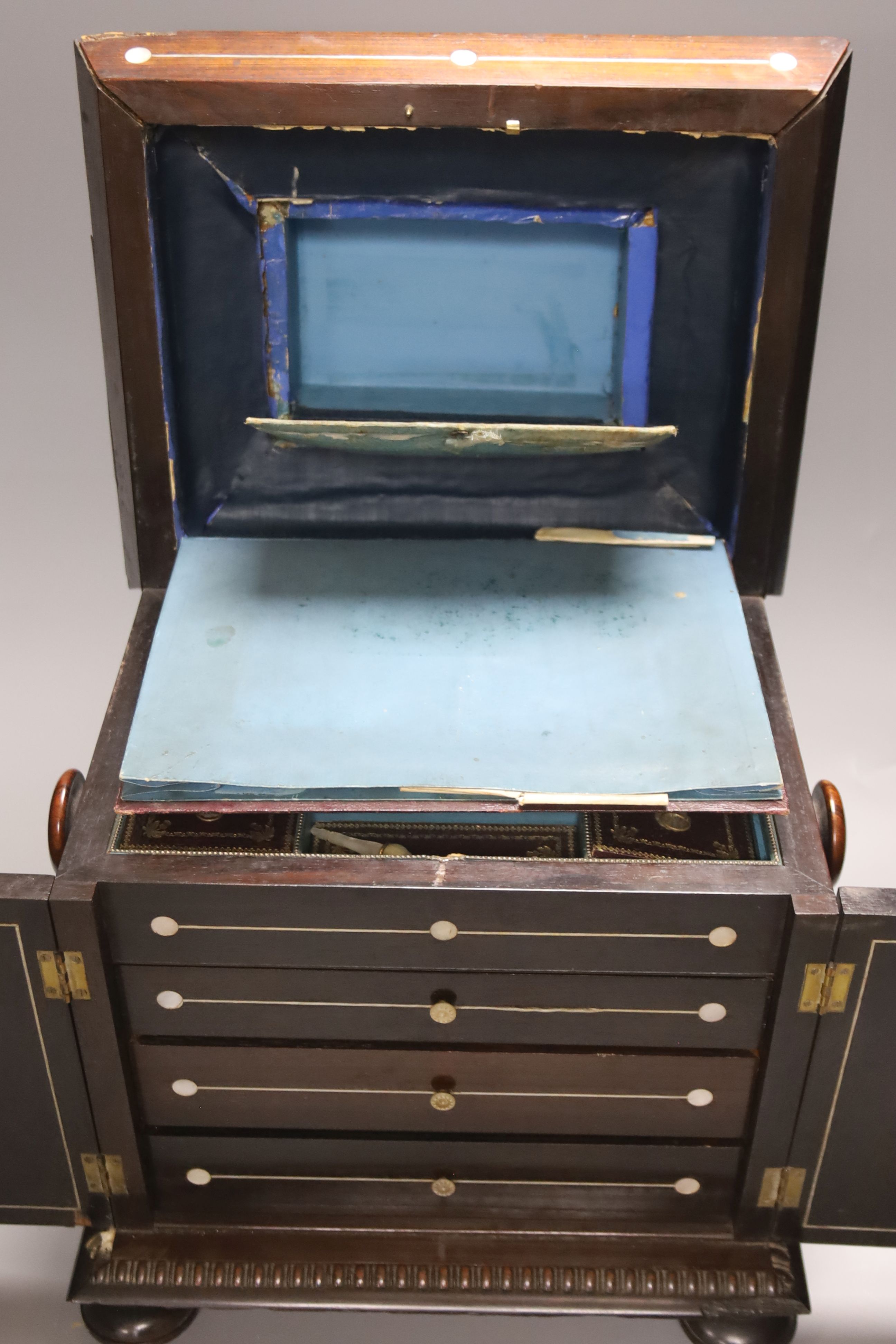 A William IV mother of pearl inset rosewood work box, height 36cm, containing mother-of-pearl and - Image 3 of 5