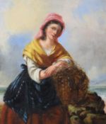 Victorian School, oil on canvas, Fisherwoman on the shore, indistinctly signed and dated 1870, 40 x