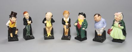 Seven Royal Doulton figures: Sam Weller, Sairey Gamp, David Copperfield, Pickwick, Fat Boy, Tony