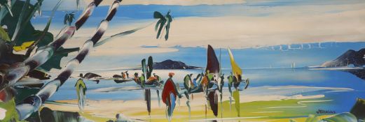 George R. Deakins (1911-1982), oil on board, Fisherman on a tropical shoreline, signed, 30 x 81cm