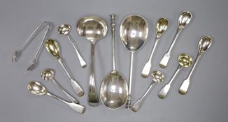 A pair of Mappin & Webb silver seal top spoons, five silver mustard spoons, four salts spoons, a