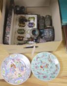 Assorted cloisonne enamelled ornaments, Chinese celadon dish, etc