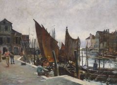 William Logsdail (1859-1944), oil on canvas, The docks at Antwerp, signed and dated 1851, 30 x 41cm