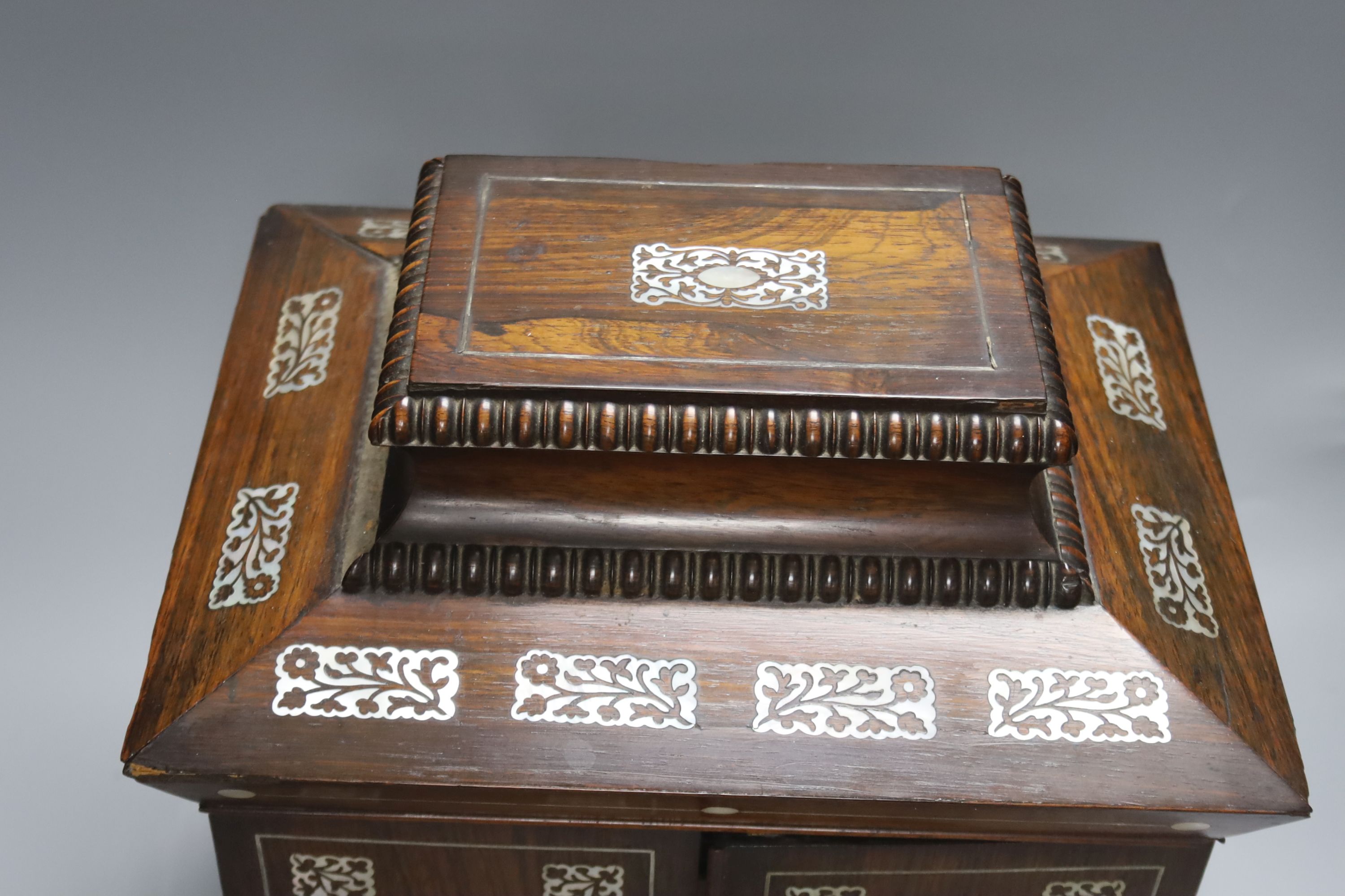A William IV mother of pearl inset rosewood work box, height 36cm, containing mother-of-pearl and - Image 5 of 5