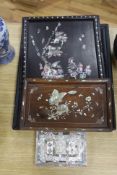 Three Chinese / Japanese mother of pearl inlaid trays together with a mother of pearl and abalone