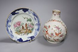 A Chinese Qianlong period bottle vase, reduced, height 29.5cm, and a Chinese plate with signature
