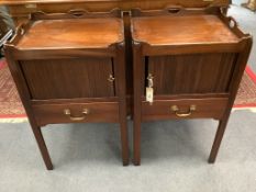 A pair of Georgian style mahogany tray-top bedside commodes, each having tambour shutter on square