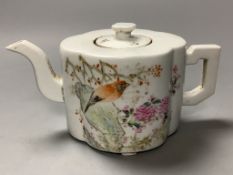A Chinese famille rose quatre lobed teapot and cover, length 19cm