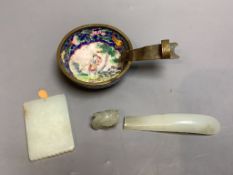 A Chinese pale celadon jade belt hook and a plaque