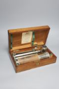 A Victorian mahogany cased silver plated telescope and stand, by J H Stewart, 406 Strand, 66