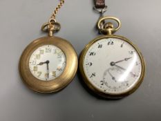 A continental 18ct gold open face keyless pocket watch, (a.f.) and a gold plated pocket watch.18ct