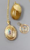 A 9ct gold Masonic watch fob, a 9ct gold locket and a hardstone pendantwatch & locket gross 5.4