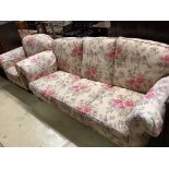 A contemporary Victorian style upholstered three seater settee and matching armchair, settee width