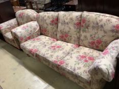 A contemporary Victorian style upholstered three seater settee and matching armchair, settee width