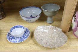 A Chinese blue and white bowl, diameter 15cm, a tea bowl and saucer, a crackleglaze shell dish and