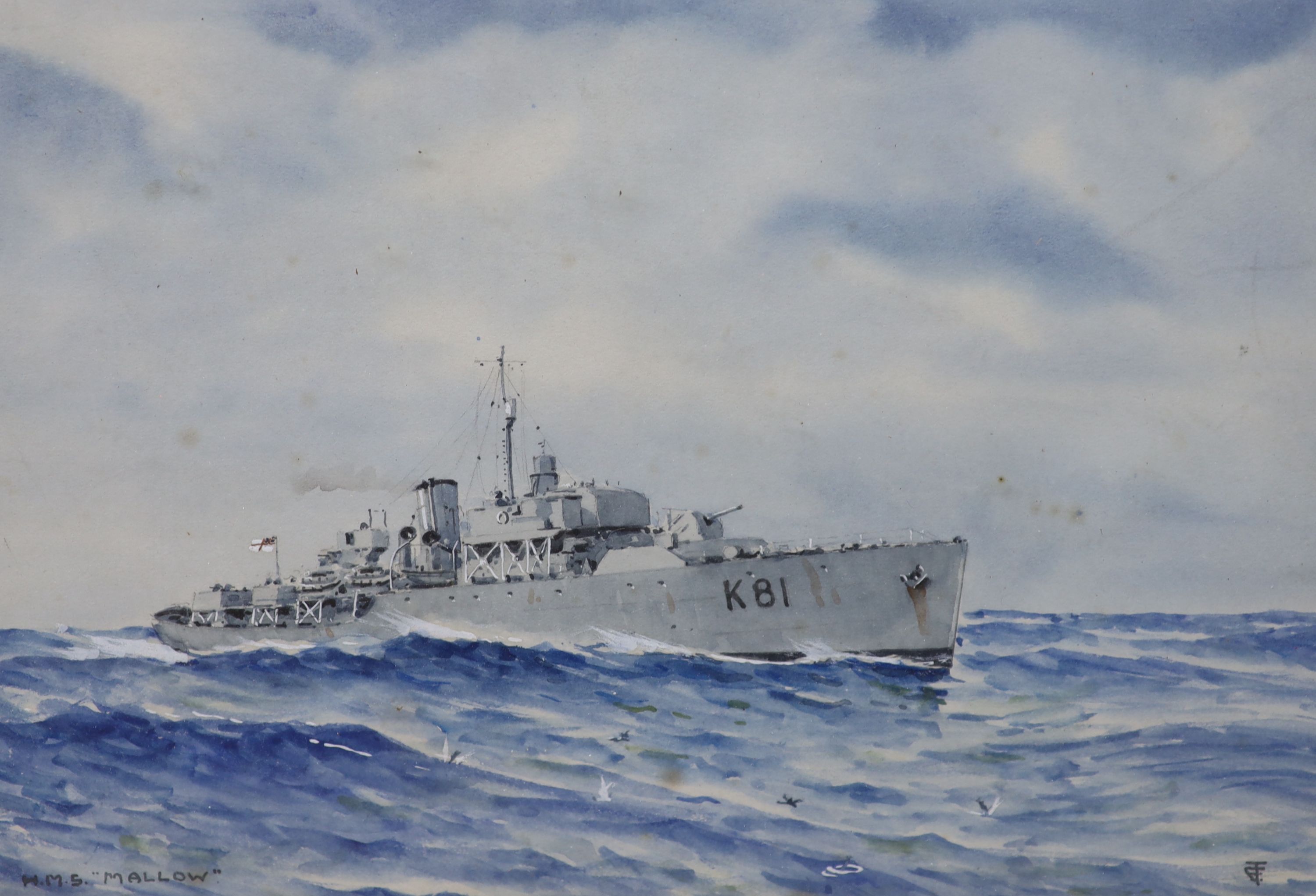 Eric Tufnell (1888-1978), watercolour, HMS Mallow, Flower Class Corvette 1942, monogrammed, 19 x