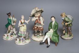 A Doulton figure 'A Gentleman from Williamburg', HN2227, four Continental porcelain figures and a