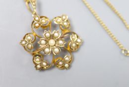 An Edwardian yellow metal and seed pearl set flower head pendant brooch,31mm, gross 5 grams, on a