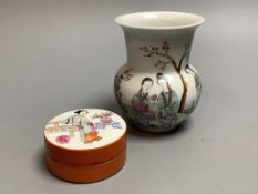 A Chinese famille rose circular box and cover and a similar vase, height 10cm