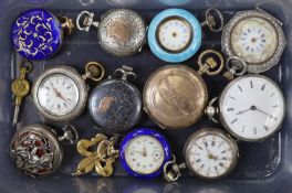 Eleven assorted mainly fob watches, including German 800 standard and enamel and silver and enamel,