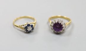 An 18ct yellow gold, diamond and amethyst cluster ring and an 18ct yellow gold, sapphire and
