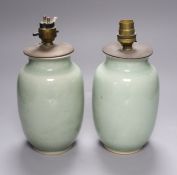 A pair of Chinese celadon vases, now as lamps, Yongzheng mark to base but later, height 19cm excl.