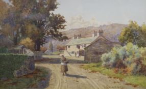 Ridgard Hartley (Exh.1893-1924), watercolour, Figures on a village street, signed, 23 x 36cm