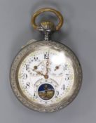 A base metal open face calendar moonphase keyless pocket watch (a.f.).