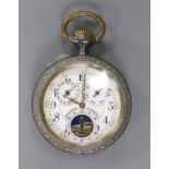 A base metal open face calendar moonphase keyless pocket watch (a.f.).