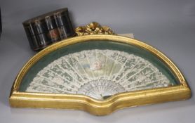 A 19th century mother of pearl and Brussels point de gaze lace fan, with painted panel (framed) and