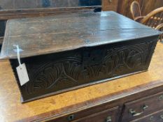 A late 17th century oak bible box, length 65cm, depth 41cm, height 22cm