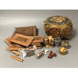 A quantity of mixed Oriental wares to include a dismantled boxwood casket, cloisonne napkin rings