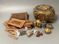 A quantity of mixed Oriental wares to include a dismantled boxwood casket, cloisonne napkin rings