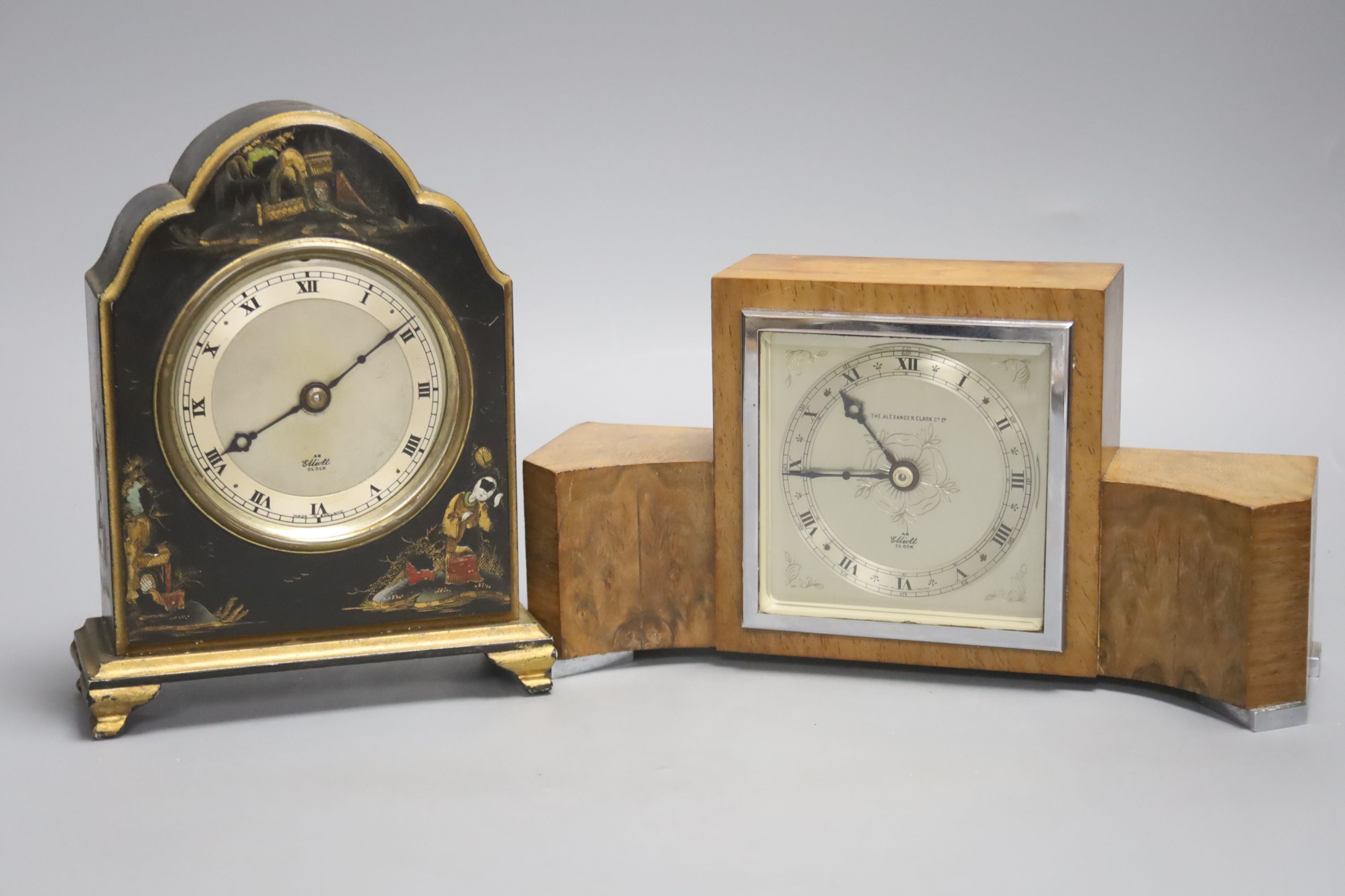 Two Elliott mantel clocks, larger width 25cm