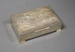 An Indian white metal mounted (stamped sterling silver) rectangular cigarette box,14.2cm, gross