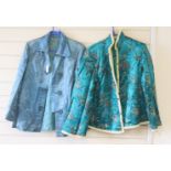 A Chinese turquoise silk damask Chinese robe / jacket, length 67cm, and a later 1940's coloured