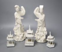 Two Chinese blanc de chine figures and three others, tallest 28cm