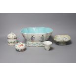 A Chinese small square porcelain bowl, Jiaqing mark, and four items of late 19th/early 20th century