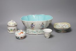 A Chinese small square porcelain bowl, Jiaqing mark, and four items of late 19th/early 20th century