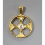 A 22ct gold and diamond set circular pendant (converted wedding band), overall 25mm, gross weight