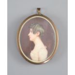 English School circa 1820, watercolour on ivory, Miniature profile portrait of a young lady, 6.75 x